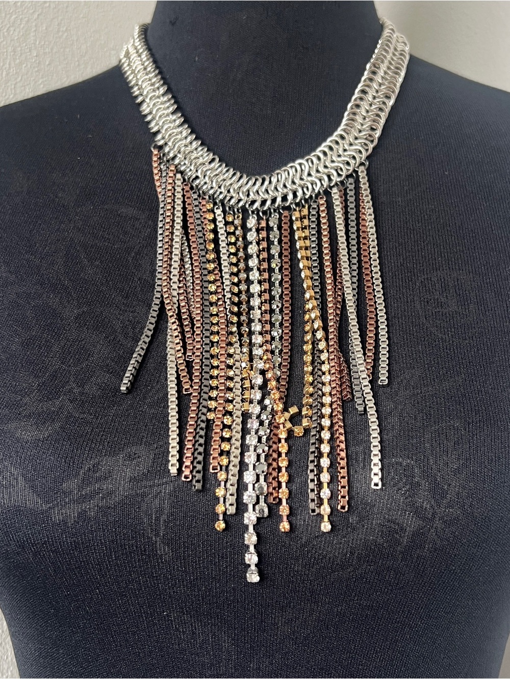 Multi Strand Fringe Bib Choker Necklace Chainmail Collar Silver Gold Bronze